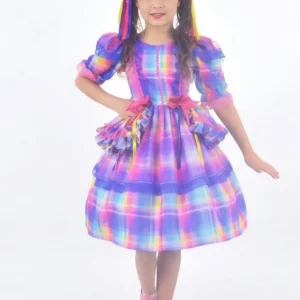 Vestido Infantil Festa Junina Super Luxo - Xadrez Rosa com Azul + 2 Enfeites de Cabelo + Saia de Armação