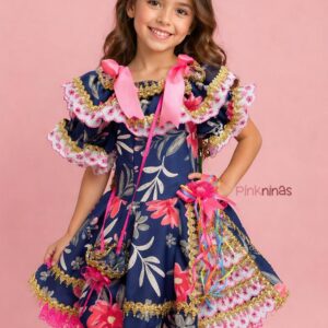 Vestido Infantil de Festa Junina Luxo Azul Marinho Floral Detalhes Rosa + Bolsinha