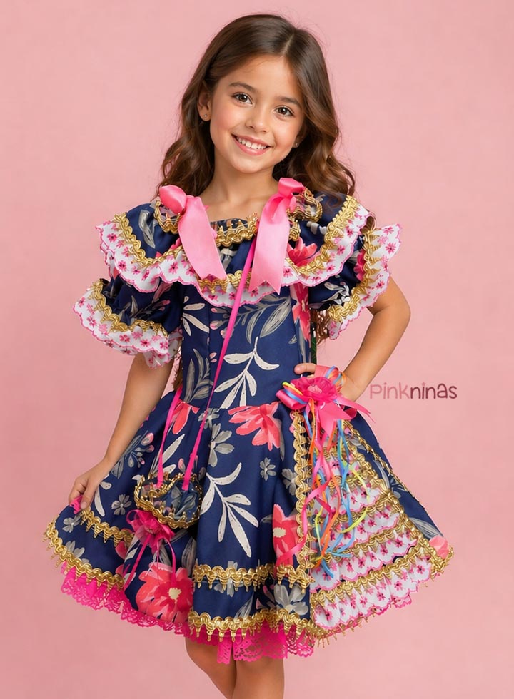 Vestido Infantil de Festa Junina Luxo Azul Marinho Floral Detalhes Rosa + Bolsinha