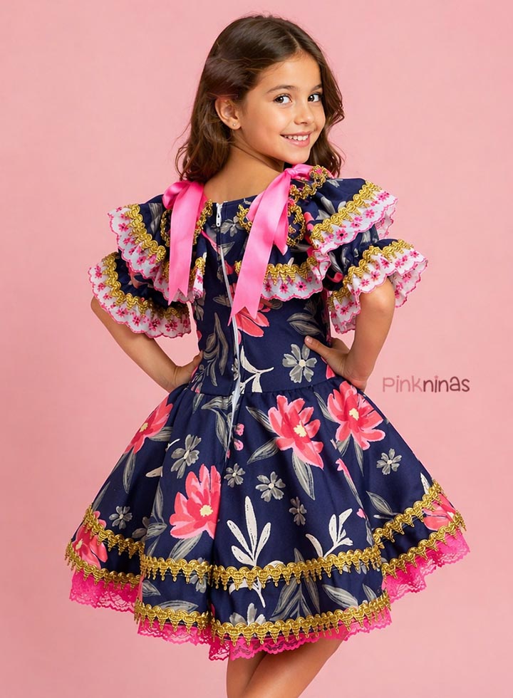 Vestido Infantil de Festa Junina Luxo Azul Marinho Floral Detalhes Rosa + Bolsinha - Imagem 2