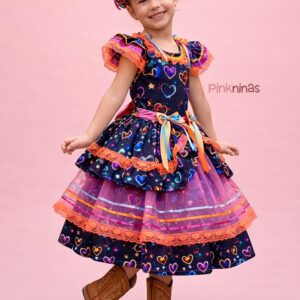 Vestido Infantil de Festa Junina Luxo Chuva de Amor - Algodão