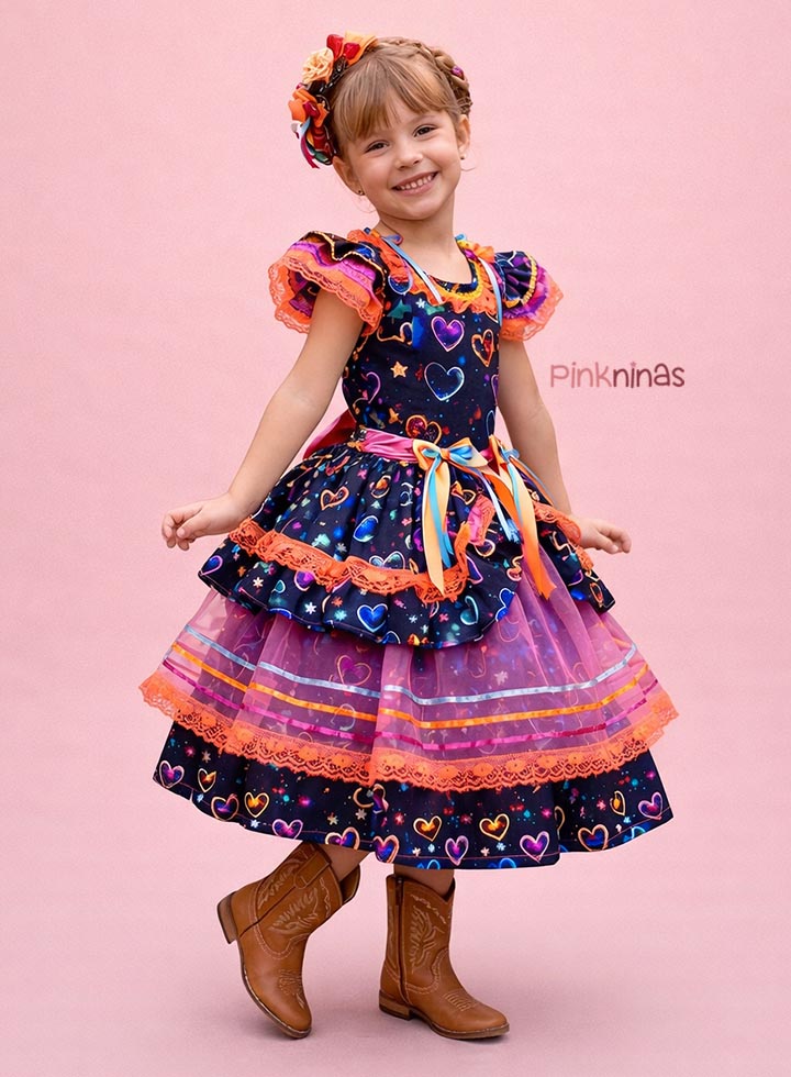 Vestido Infantil de Festa Junina Luxo Chuva de Amor - Algodão