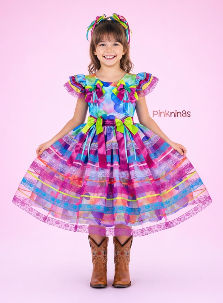 Vestido Infantil de Festa Junina Luxo Corações Candy Colors - Algodão