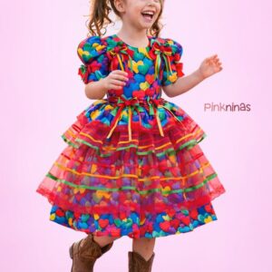 Vestido Infantil de Festa Junina Luxo Corações de Arraiá - Algodão