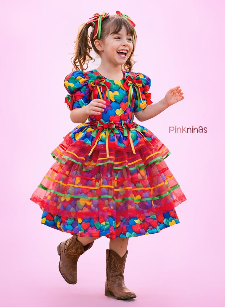 Vestido Infantil de Festa Junina Luxo Corações de Arraiá - Algodão