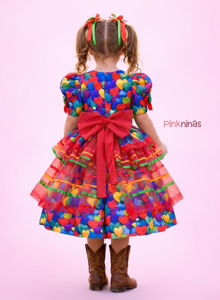 Vestido Infantil de Festa Junina Luxo Corações de Arraiá - Algodão - Imagem 2