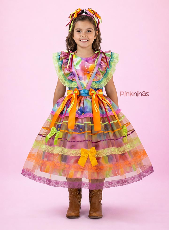 Vestido Infantil de Festa Junina Luxo Floral 2 em 1 - Algodão