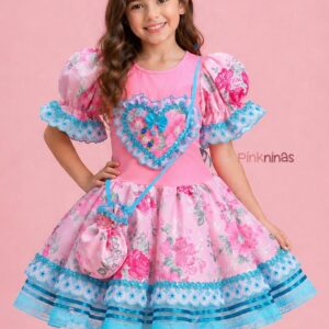 Vestido Infantil de Festa Junina Luxo Rosa e Azul Coração Toque Neon + Bolsinha