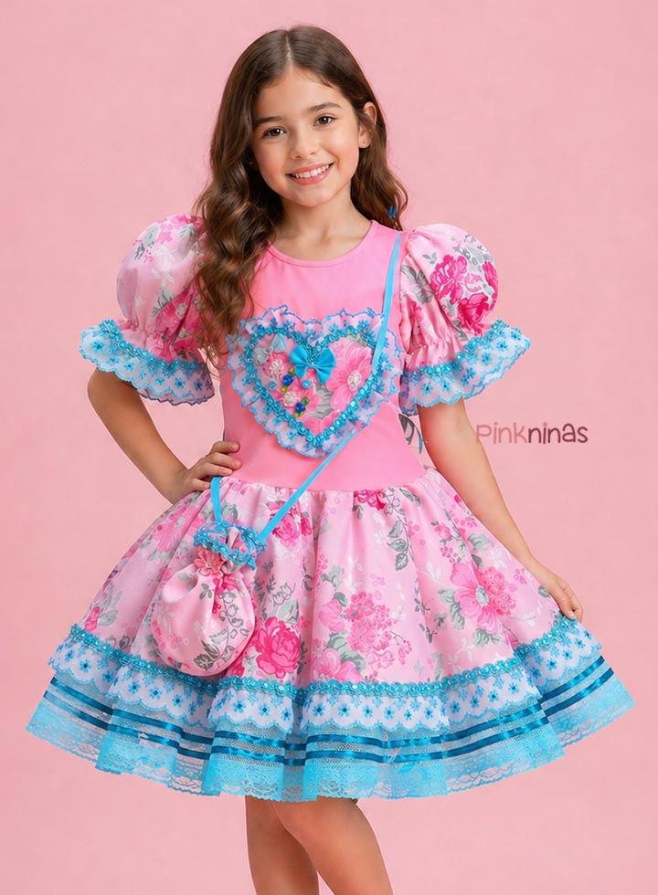 Vestido Infantil de Festa Junina Luxo Rosa e Azul Coração Toque Neon + Bolsinha