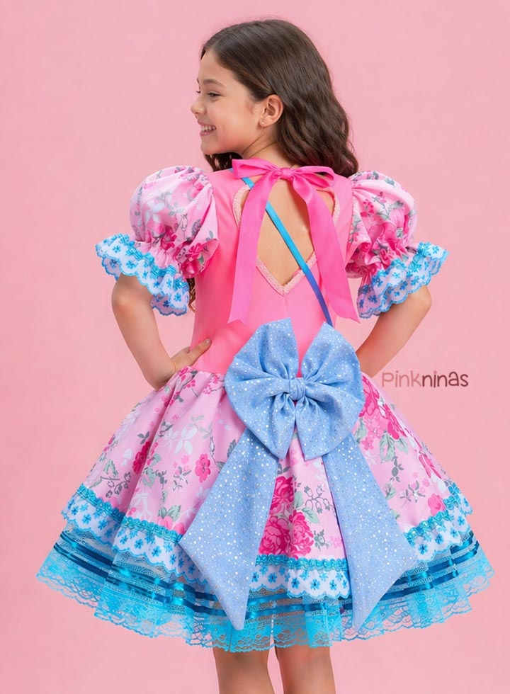 Vestido Infantil de Festa Junina Luxo Rosa e Azul Coração Toque Neon + Bolsinha - Imagem 2