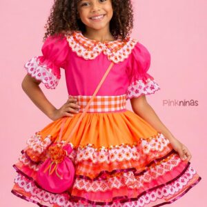 Vestido Infantil de Festa Junina Luxo Rosa Neon e Xadrez Laranja + Bolsinha