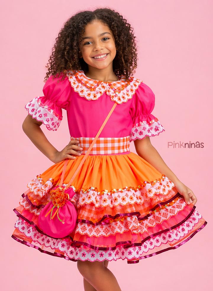 Vestido Infantil de Festa Junina Luxo Rosa Neon e Xadrez Laranja + Bolsinha