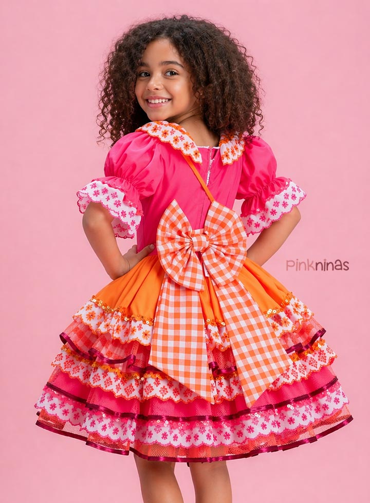 Vestido Infantil de Festa Junina Luxo Rosa Neon e Xadrez Laranja + Bolsinha - Imagem 2