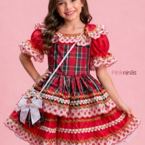 Vestido Infantil de Festa Junina Luxo Vermelho Detalhe Xadrez + Bolsinha