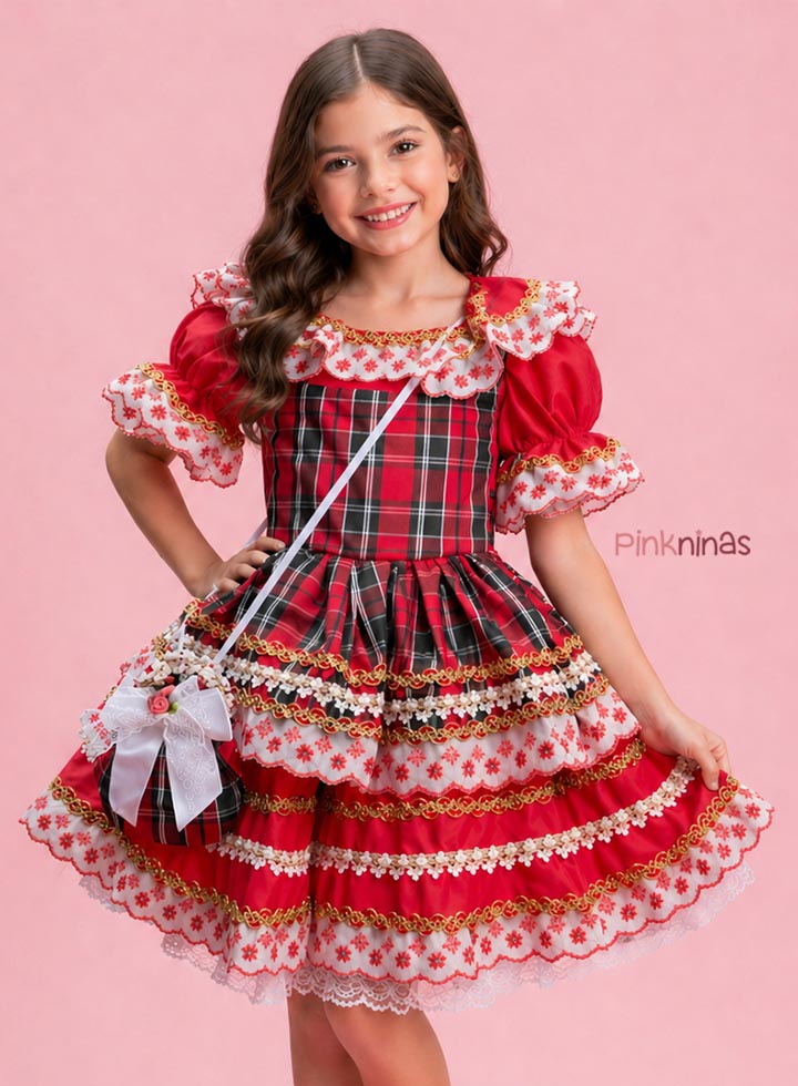 Vestido Infantil de Festa Junina Luxo Vermelho Detalhe Xadrez + Bolsinha