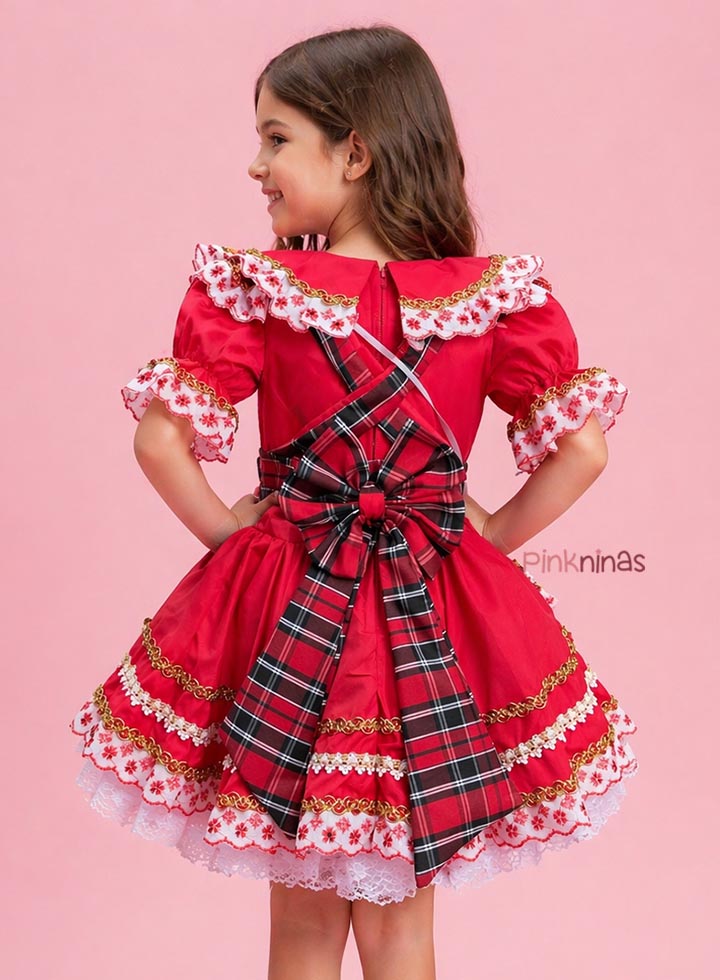 Vestido Infantil de Festa Junina Luxo Vermelho Detalhe Xadrez + Bolsinha - Imagem 2