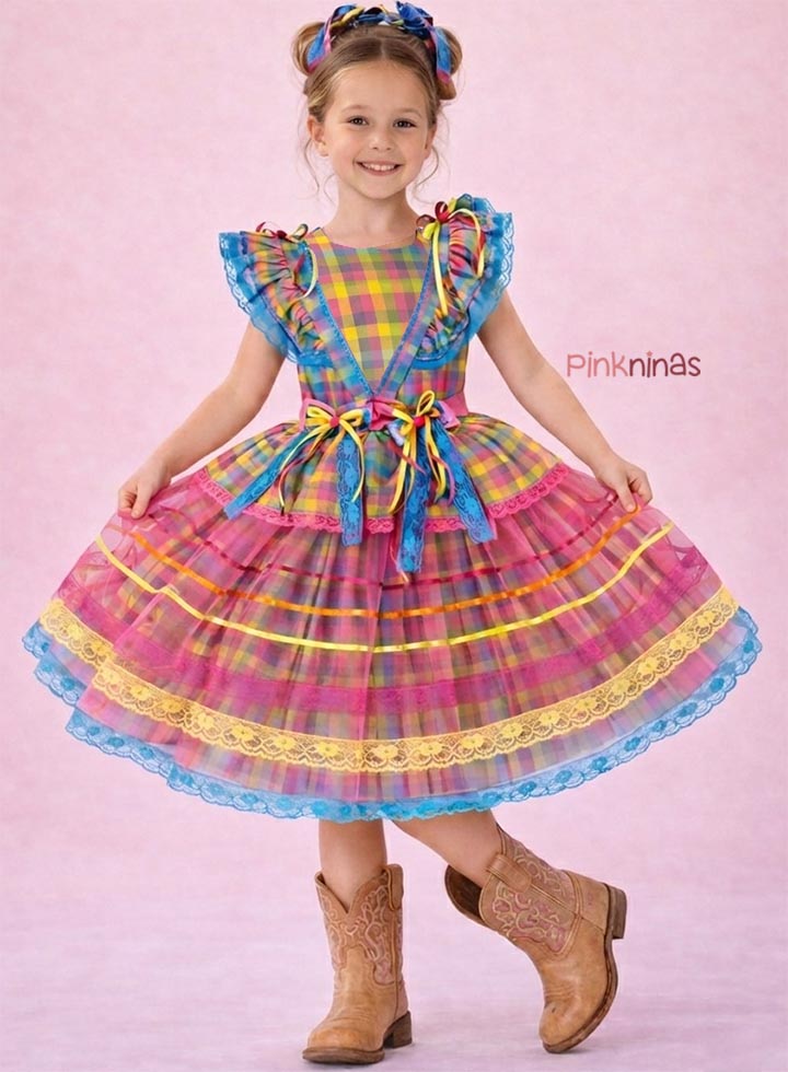 Vestido Infantil de Festa Junina Luxo Xadrez Candy 2 em 1 - Algodão