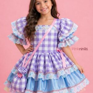 Vestido Infantil de Festa Junina Luxo Xadrez Lilás Detalhe Candy + Bolsinha - P - 4 a 6 anos