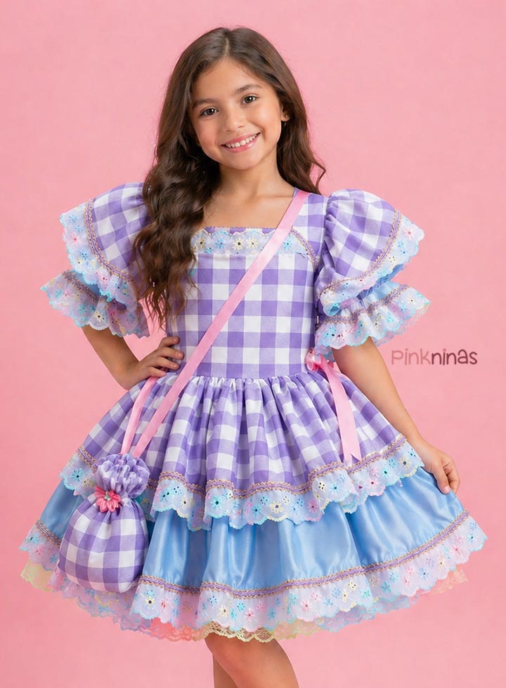 Vestido Infantil de Festa Junina Luxo Xadrez Lilás Detalhe Candy + Bolsinha