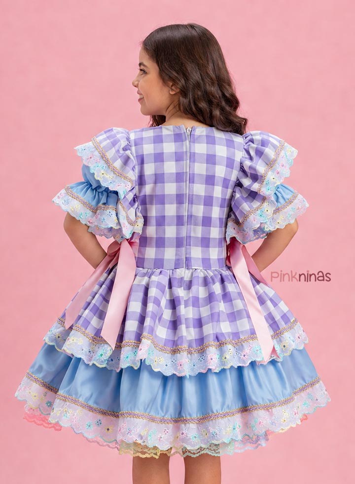 Vestido Infantil de Festa Junina Luxo Xadrez Lilás Detalhe Candy + Bolsinha - Imagem 2