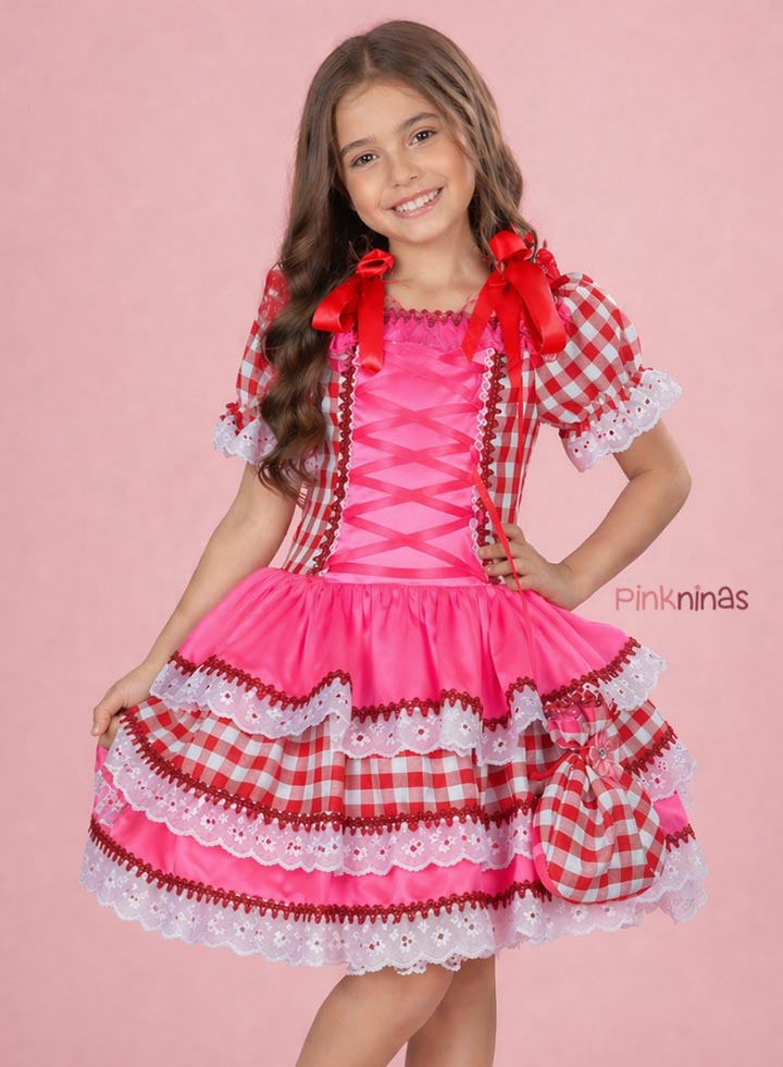 Vestido Infantil de Festa Junina Luxo Xadrez Vermelho e Rosa Neon + Bolsinha