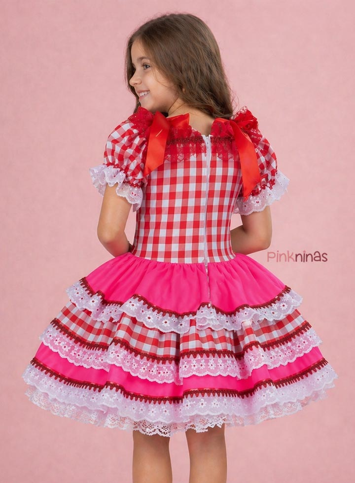 Vestido Infantil de Festa Junina Luxo Xadrez Vermelho e Rosa Neon + Bolsinha - Imagem 2