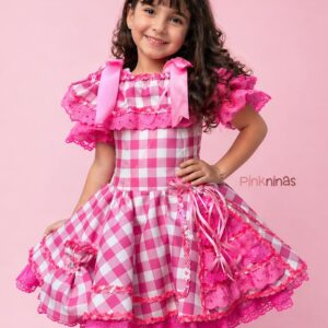 Vestido Infantil de Festa Junina Rosa Xadrez Fashionista + Bolsinha
