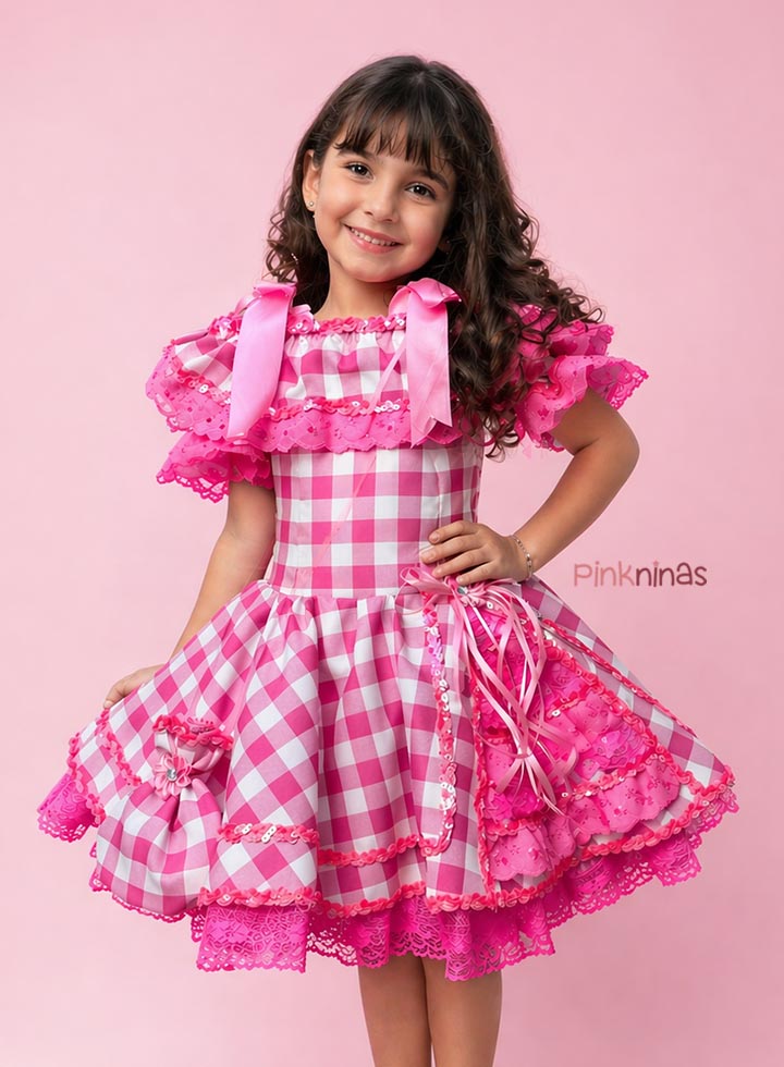 Vestido Infantil de Festa Junina Rosa Xadrez Fashionista + Bolsinha