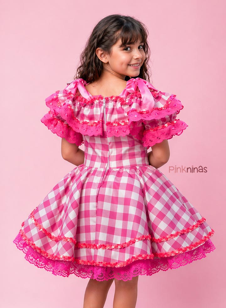 Vestido Infantil de Festa Junina Rosa Xadrez Fashionista + Bolsinha - Imagem 2